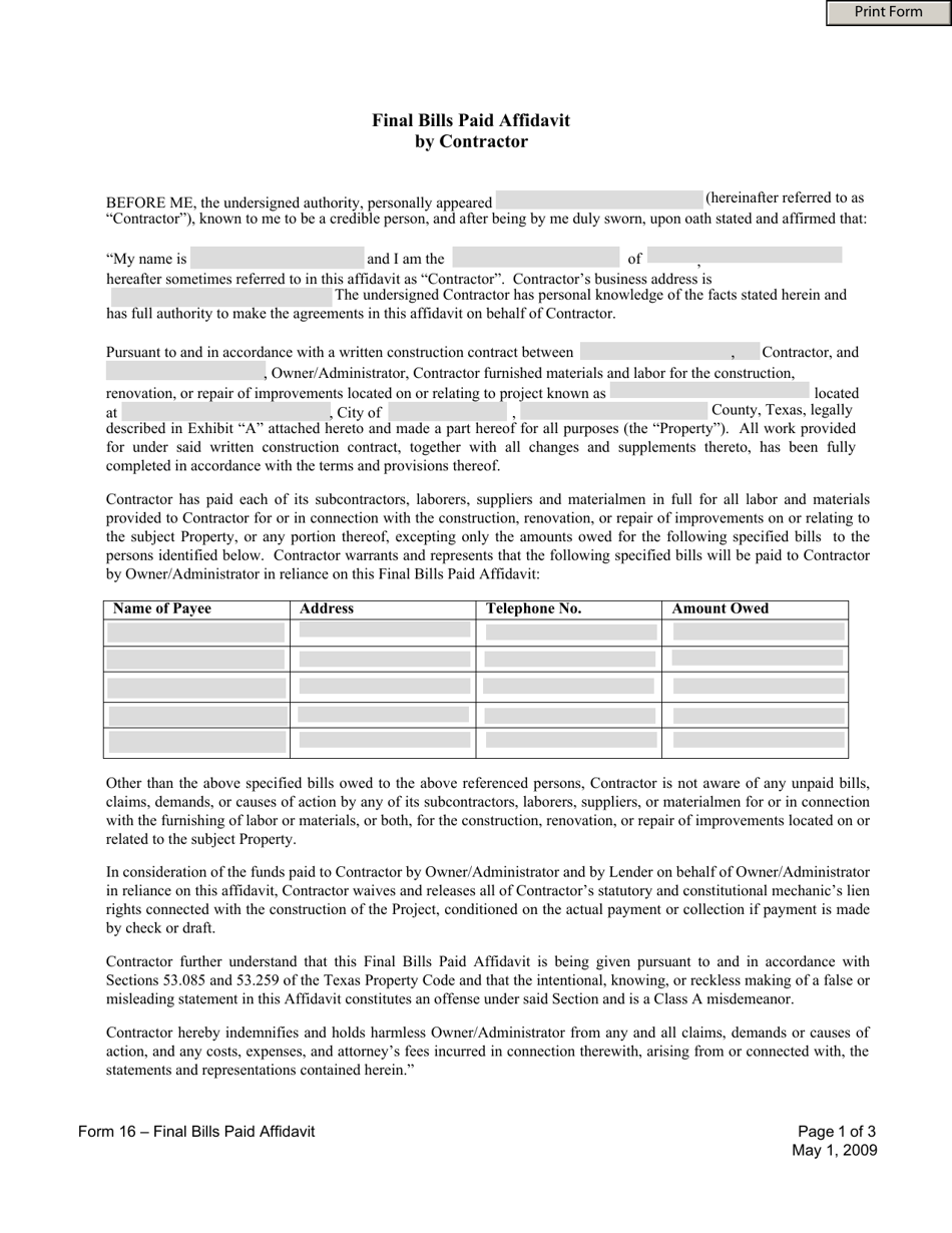 Form 16 Final Bills Paid Affidavit by Contractor - Texas, Page 1