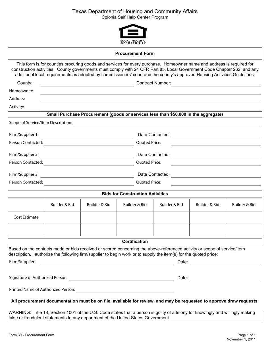 Form 30 Procurement Form - Texas, Page 1