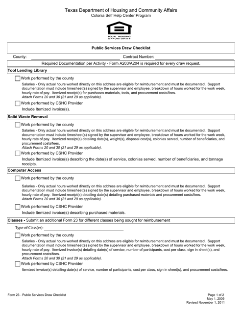 Form 23 Public Services Draw Checklist - Texas