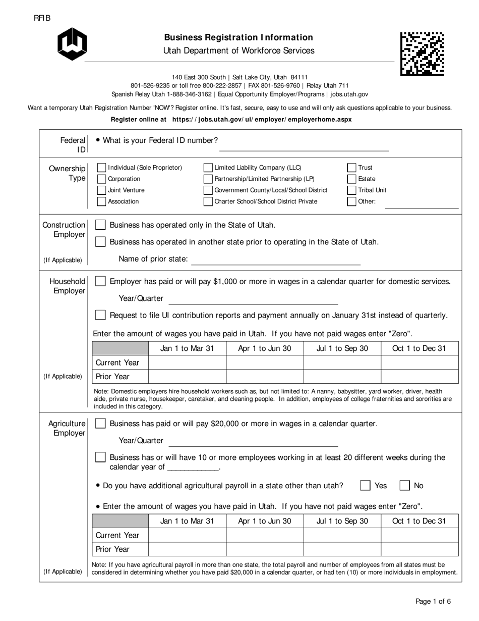 Form RFIB Business Registration Information - Utah, Page 1