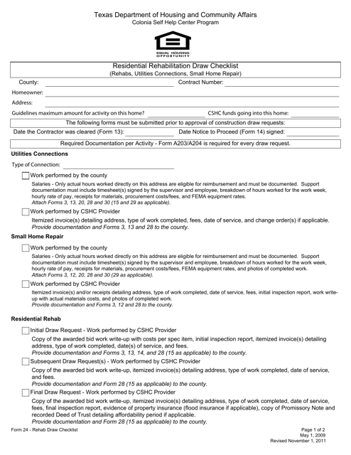 Form 24 Residential Rehabilitation Draw Checklist (Rehabs, Utilities Connections, Small Home Repair) - Texas