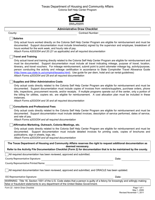 Form 22 Administrative Draw Checklist - Texas