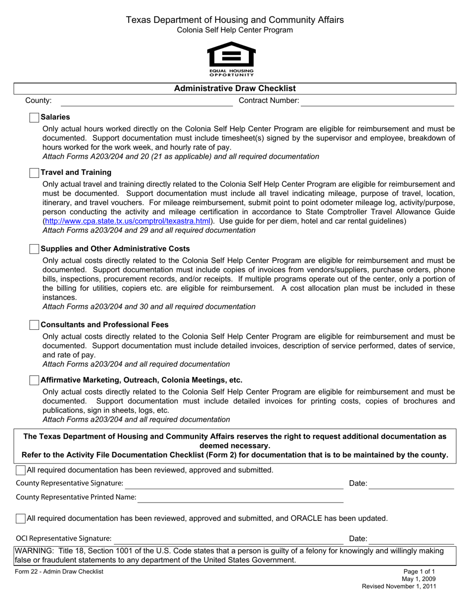 Form 22 Administrative Draw Checklist - Texas, Page 1