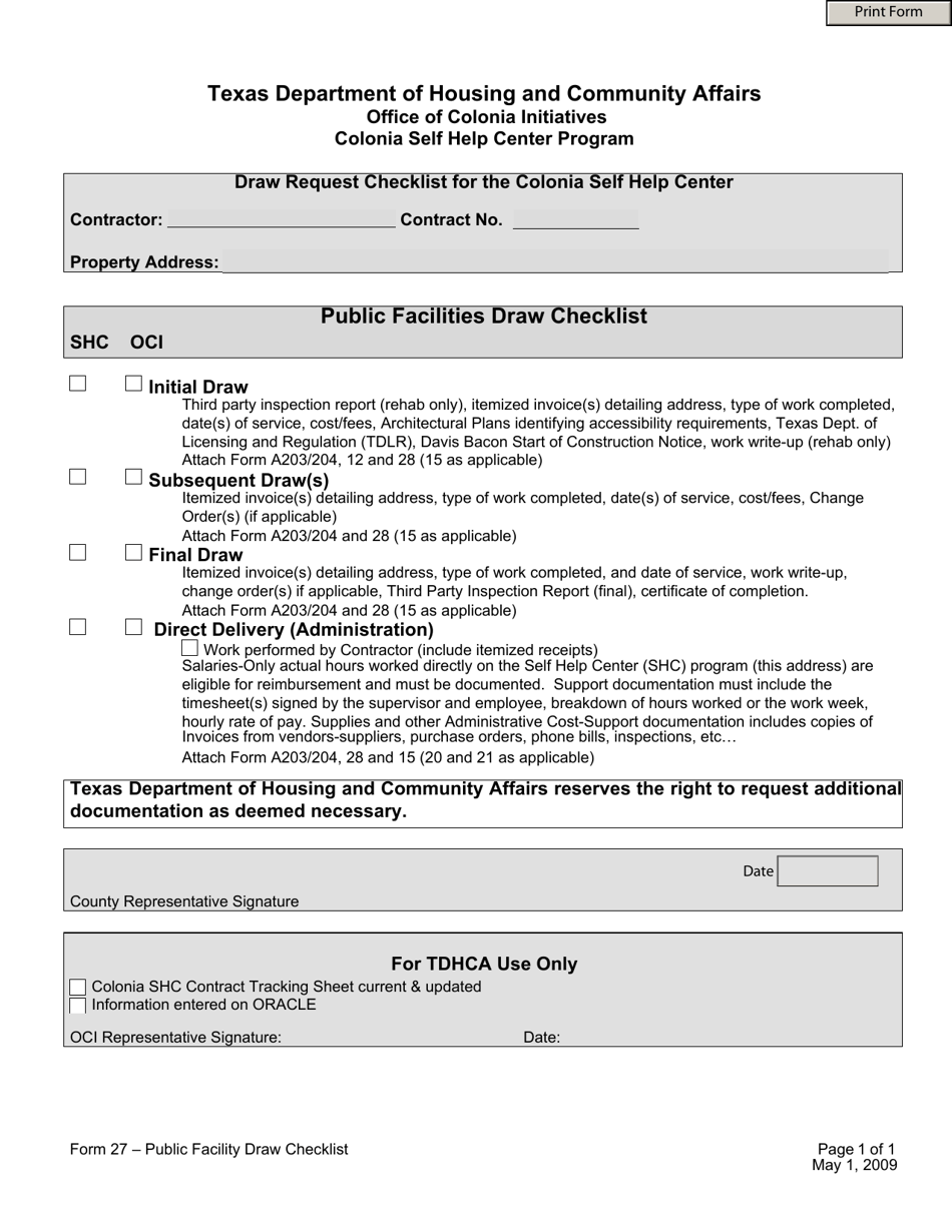 Form 27 Public Facilities Draw Checklist - Texas, Page 1