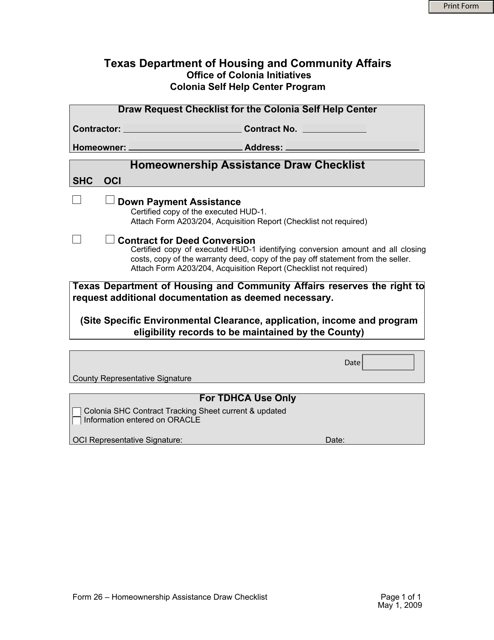 Form 26 Homeownership Assistance Draw Checklist - Texas