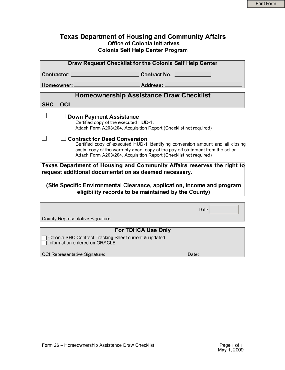 Form 26 Homeownership Assistance Draw Checklist - Texas, Page 1