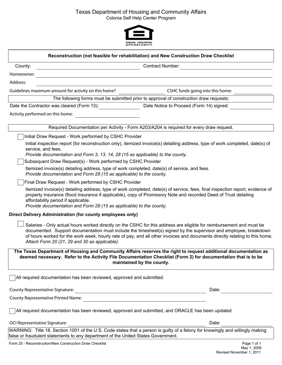 Form 25 Reconstruction (Not Feasible for Rehabilitation) and New Construction Draw Checklist - Texas, Page 1