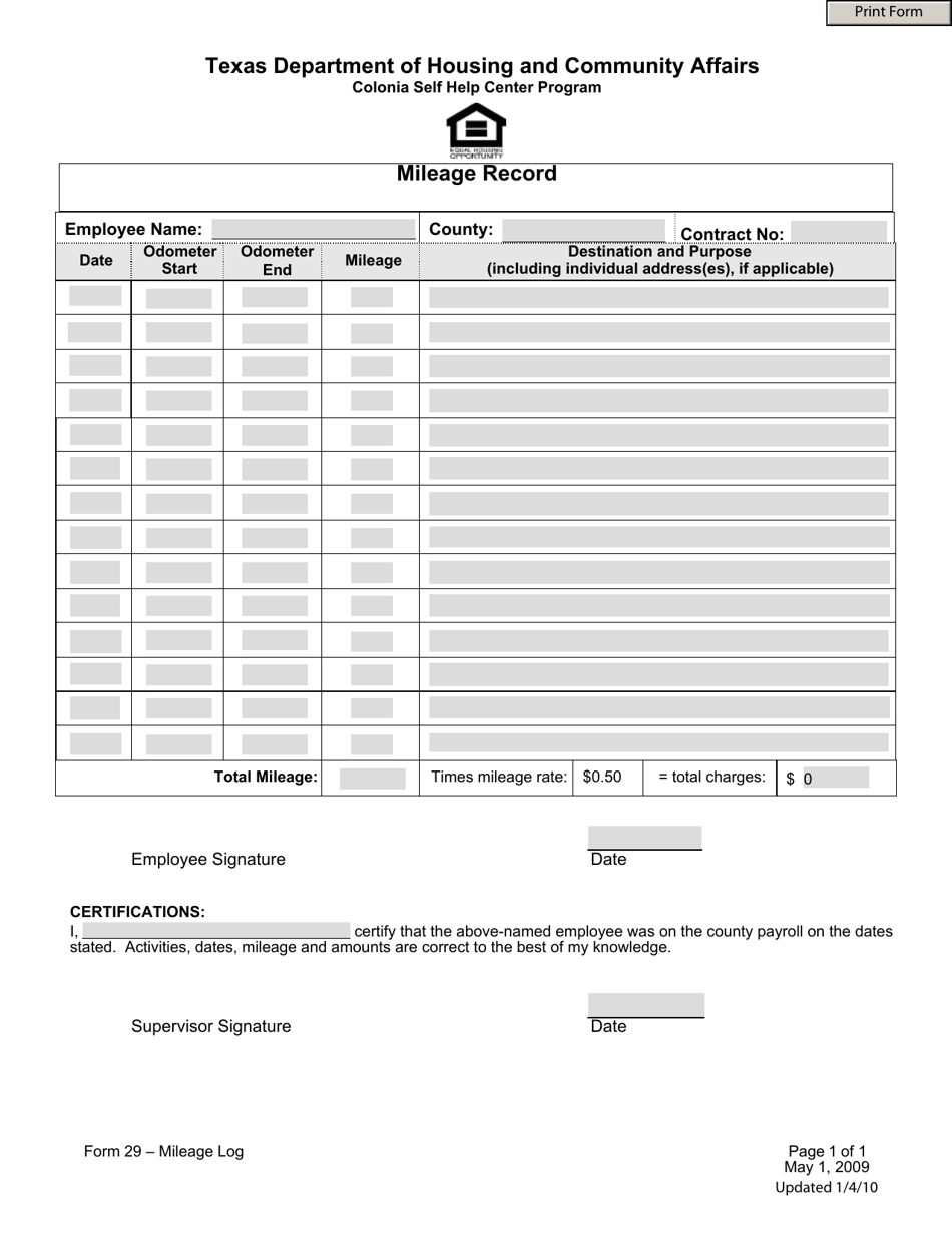 Form 29 Mileage Record - Texas, Page 1