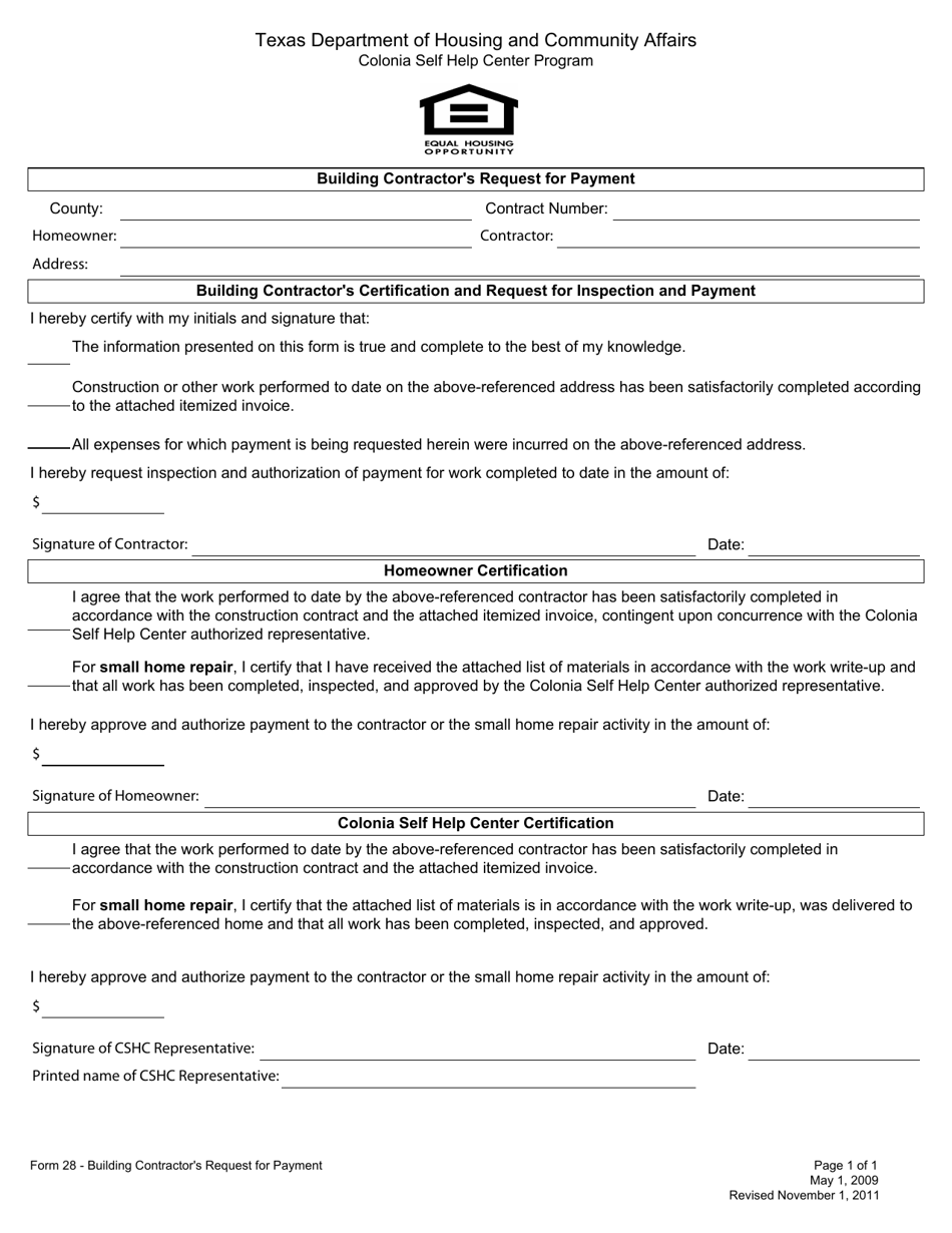 Form 28 Building Contractor's Request for Payment - Texas, Page 1