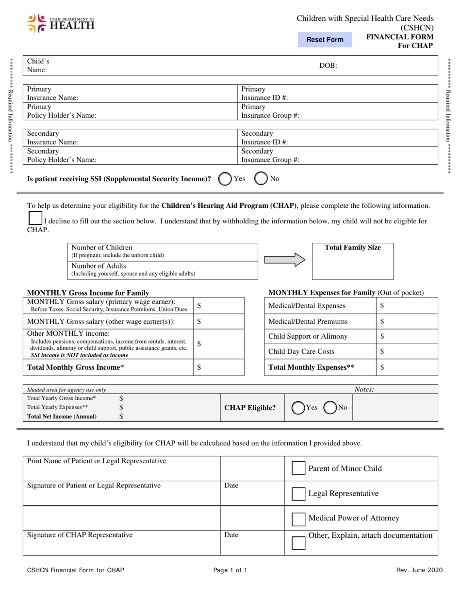 Utah Financial Form for Chap - Children With Special Health Care Needs ...