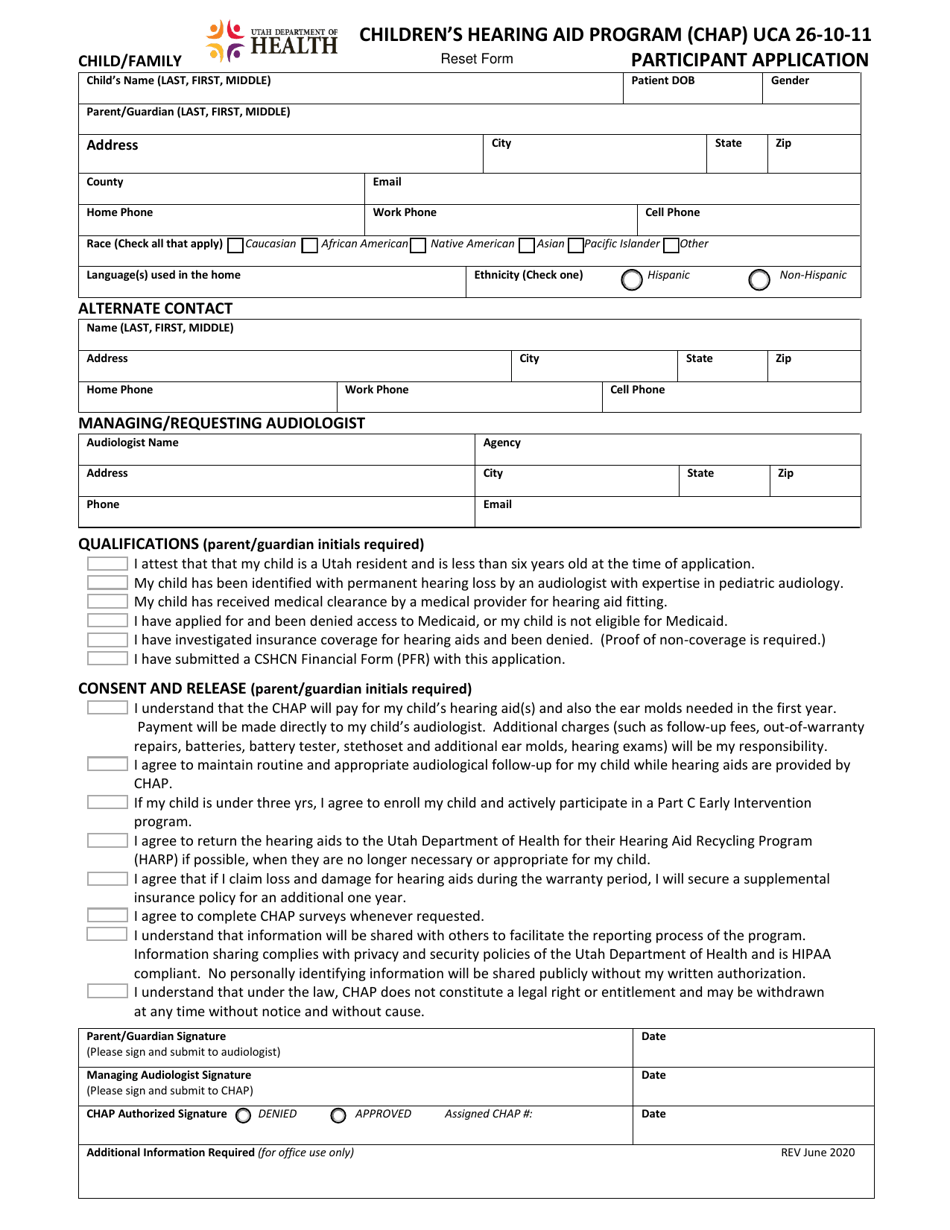 Participant Application - Childrens Hearing Aid Program (Chap) - Utah, Page 1