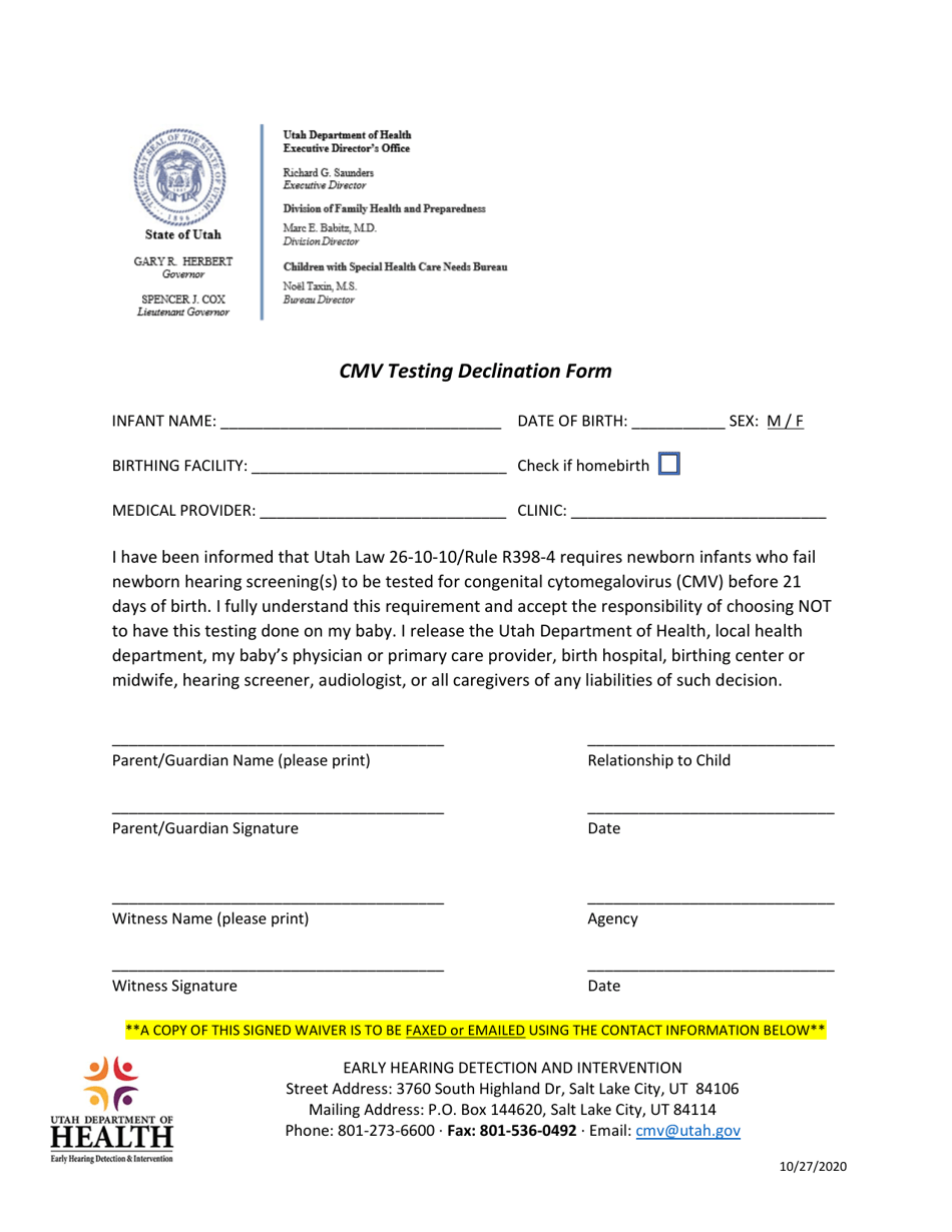 Cmv Testing Declination Form - Utah, Page 1