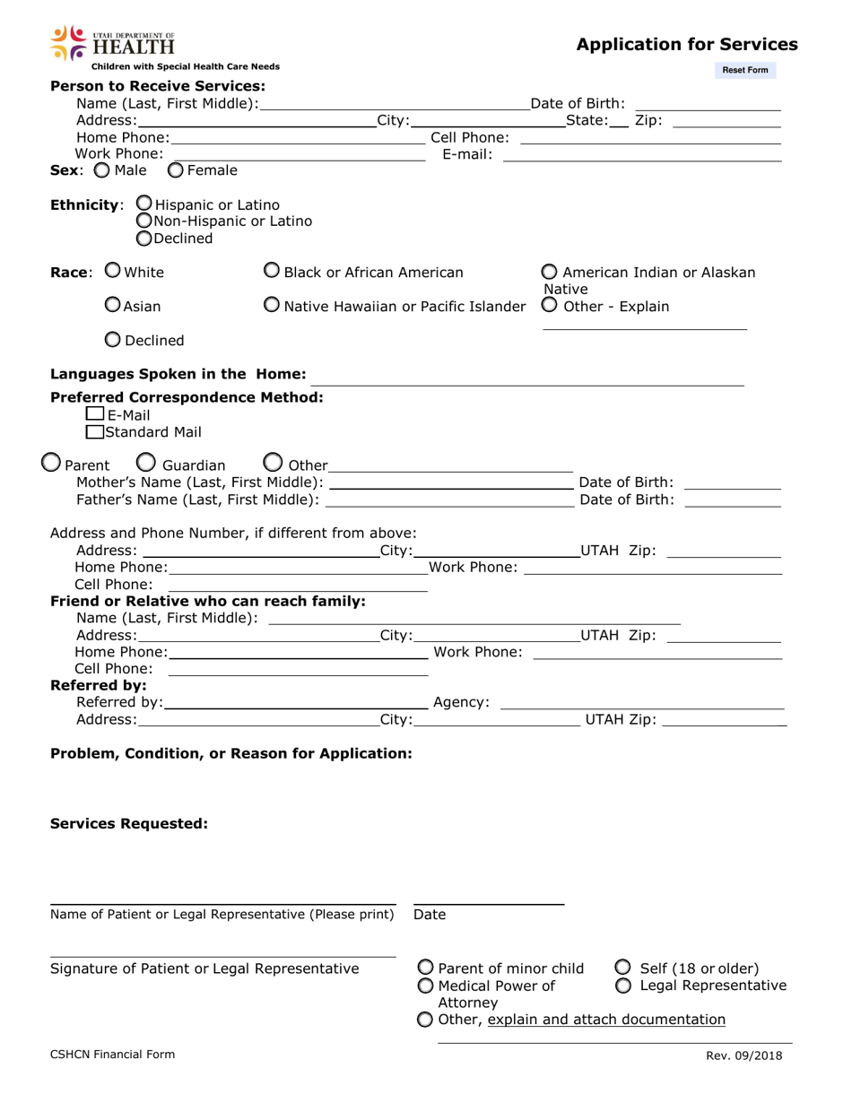 Application for Services - Utah, Page 1