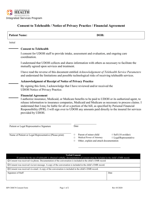 Consent to Telehealth / Notice of Privacy Practice / Financial Agreement - Utah Download Pdf