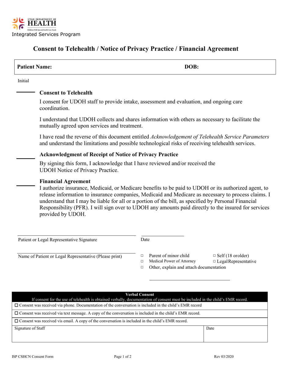 Consent to Telehealth / Notice of Privacy Practice / Financial Agreement - Utah, Page 1