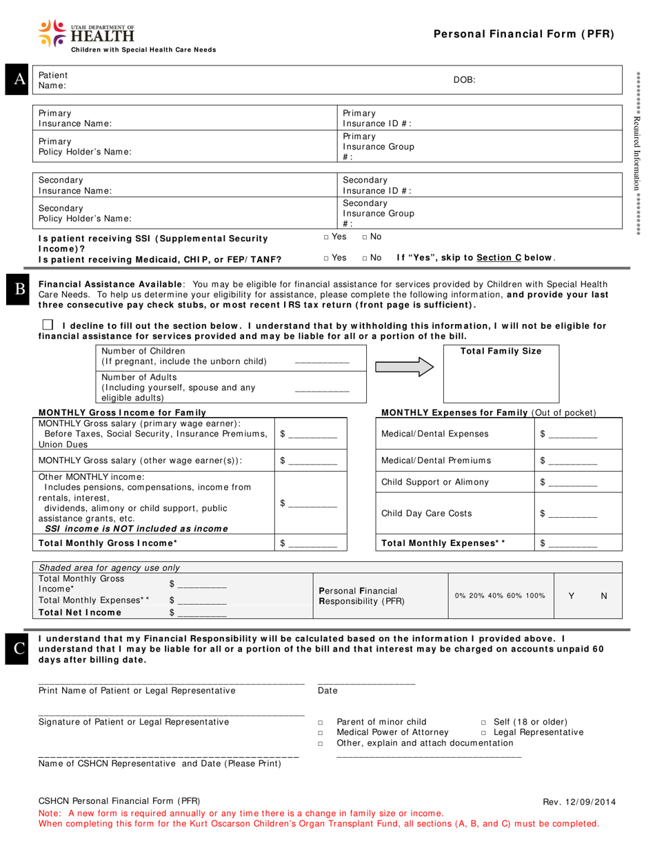 Personal Financial Form (Pfr) - Utah, Page 1