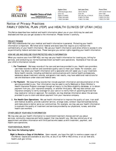 Notice of Privacy Practices Family Dental Plan (Fdp) and Health Clinics of Utah (Hcu) - Utah Download Pdf