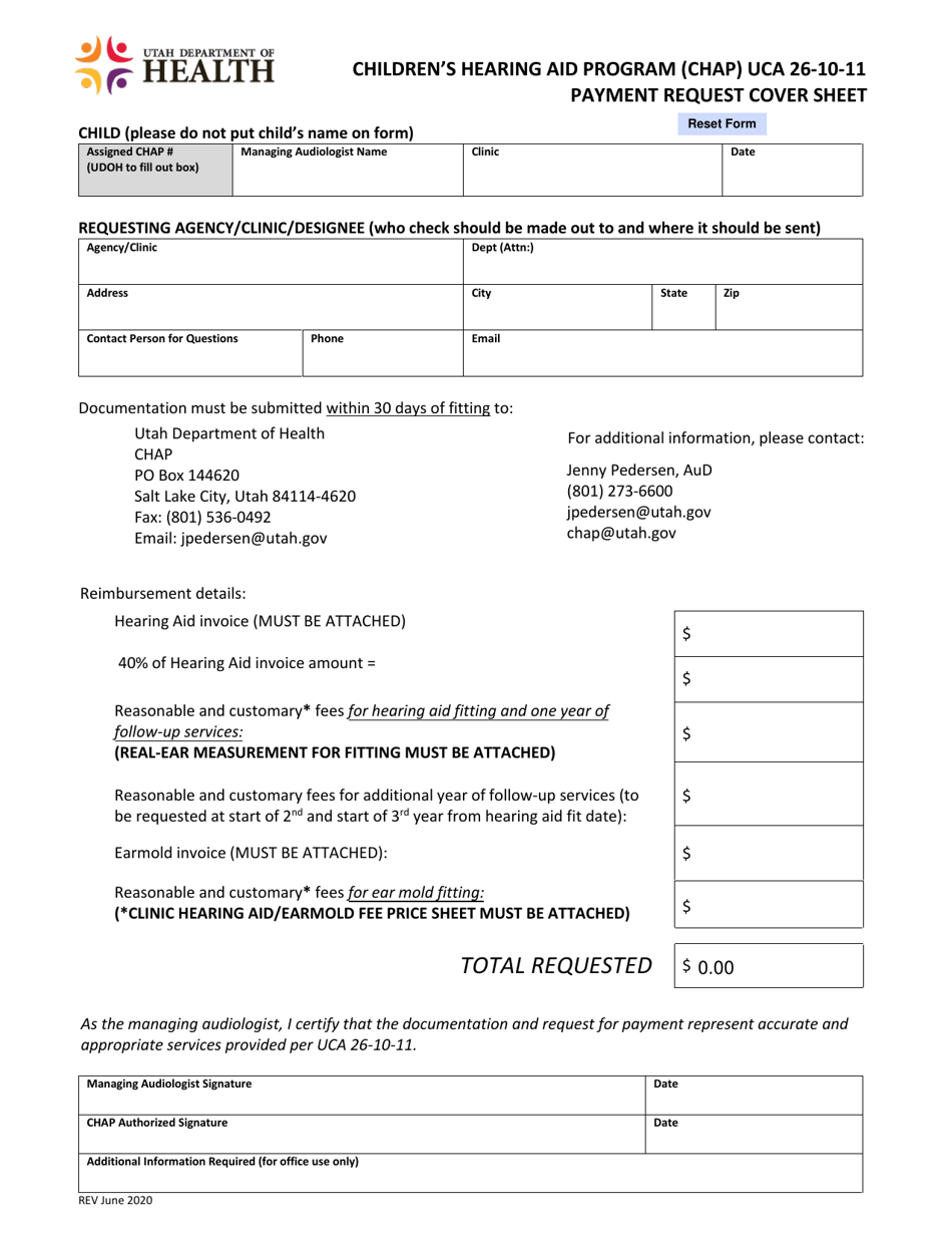 Payment Request Cover Sheet - Childrens Hearing Aid Program (Chap) - Utah, Page 1