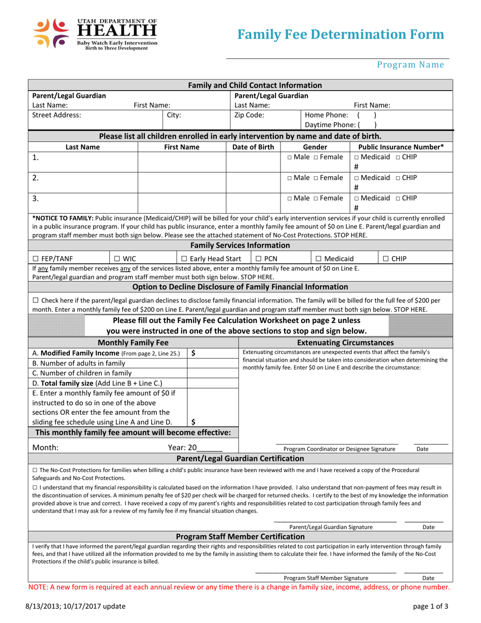 Family Fee Determination Form - Utah, Page 1