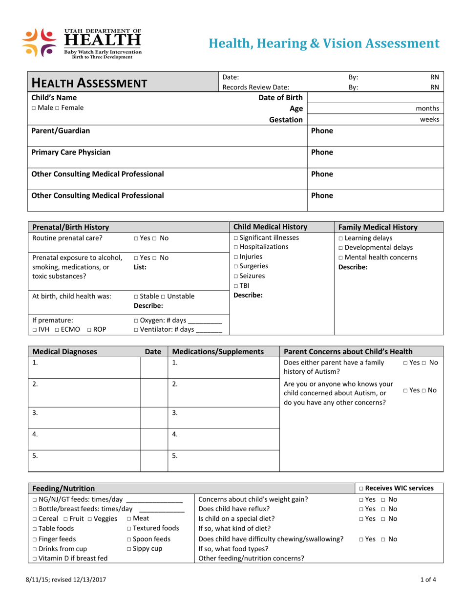 Health, Hearing  Vision Assessment - Utah, Page 1