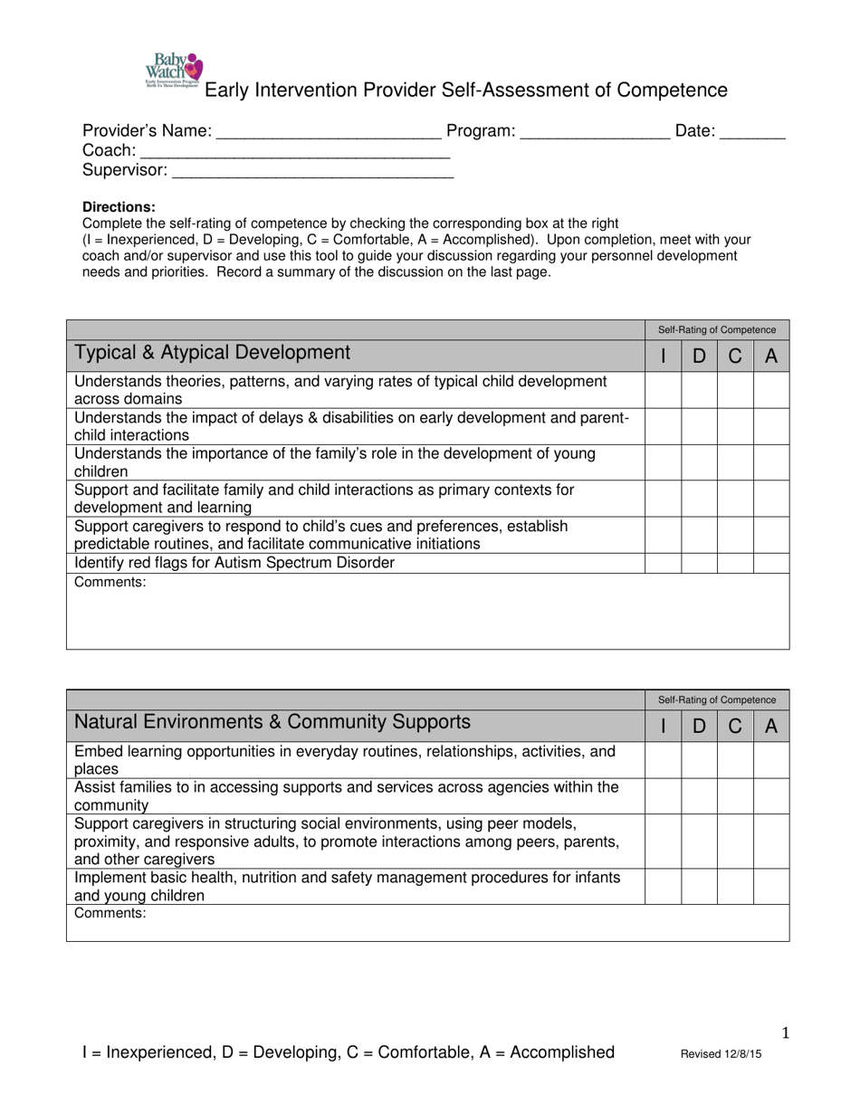Early Intervention Provider Self-assessment of Competence - Utah, Page 1