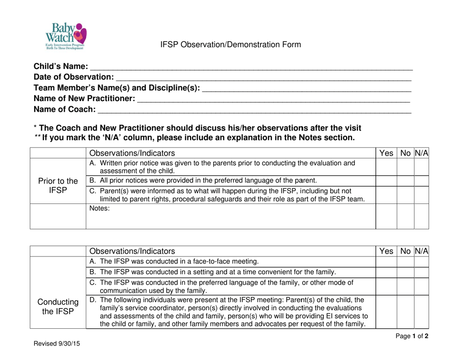 Ifsp Observation / Demonstration Form - Utah, Page 1