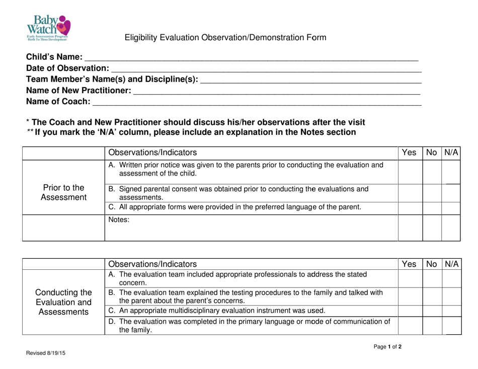 Eligibility Evaluation Observation / Demonstration Form - Utah, Page 1