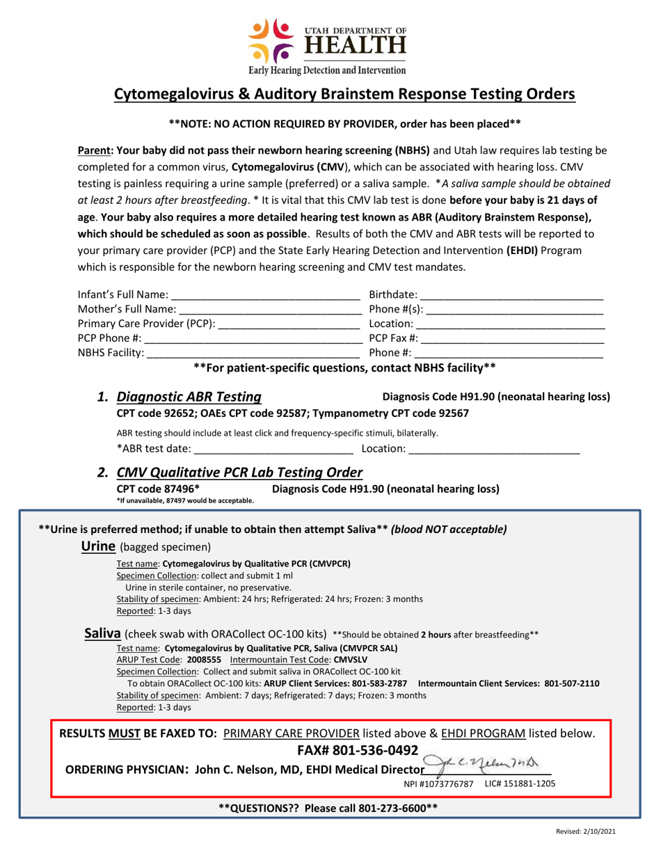 Cytomegalovirus  Auditory Brainstem Response Testing Orders - Utah, Page 1