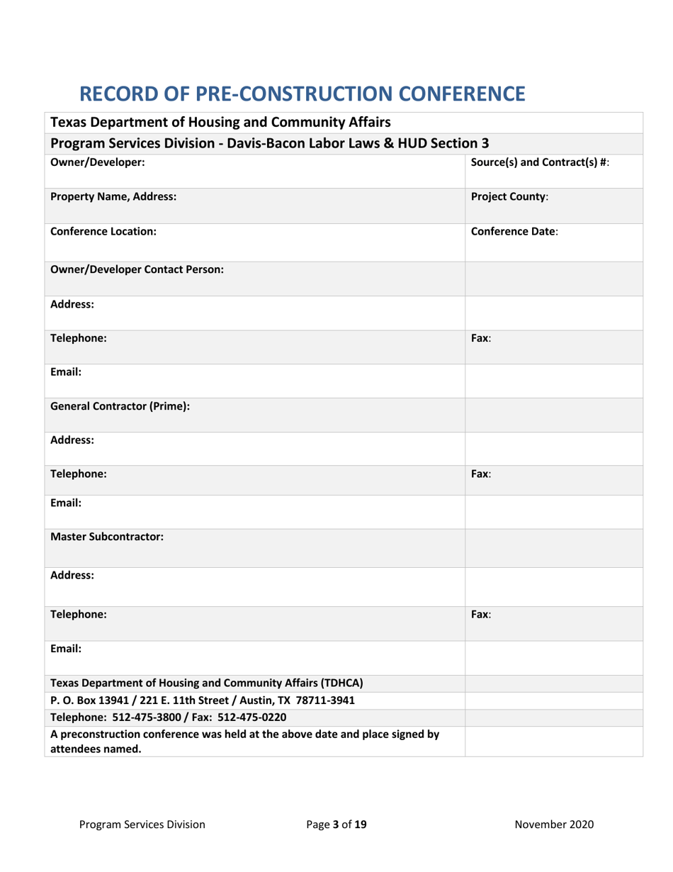 Record of Preconstruction Conference Davis-Bacon Labor Standards - Texas, Page 3