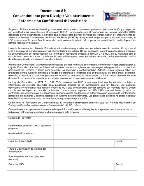 Exhibicion 8B Consentimiento Para Divulgar Voluntariamente Informacion Confidencial Del Asalariado - Texas (Spanish)