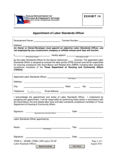 Exhibit 14 Appointment of Labor Standards Officer - Texas