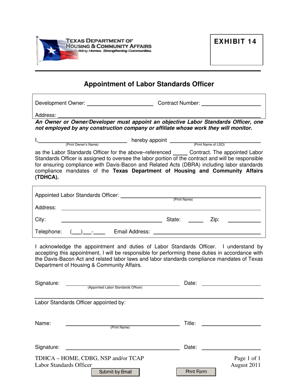 Exhibit 14 Appointment of Labor Standards Officer - Texas, Page 1
