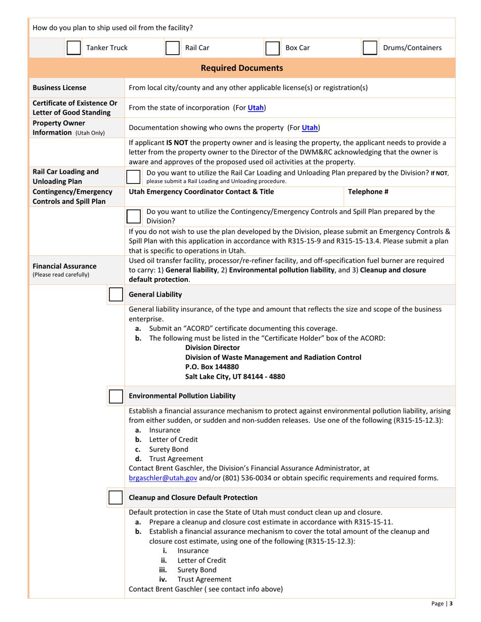 Used Oil Transfer Facility Application - Utah, Page 3
