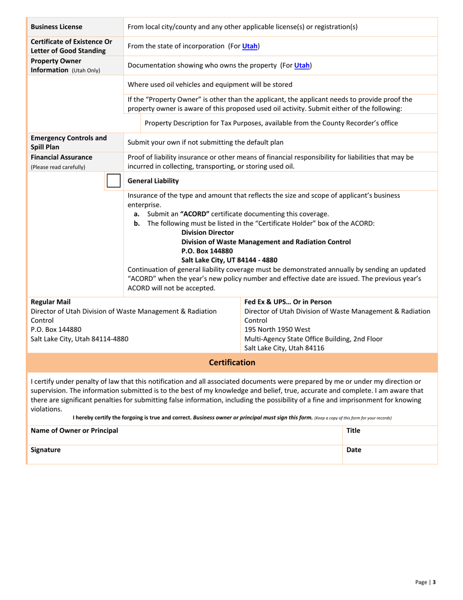 Utah Used Oil Permit by Rule (Pbr) Transporter & Transfer Facility