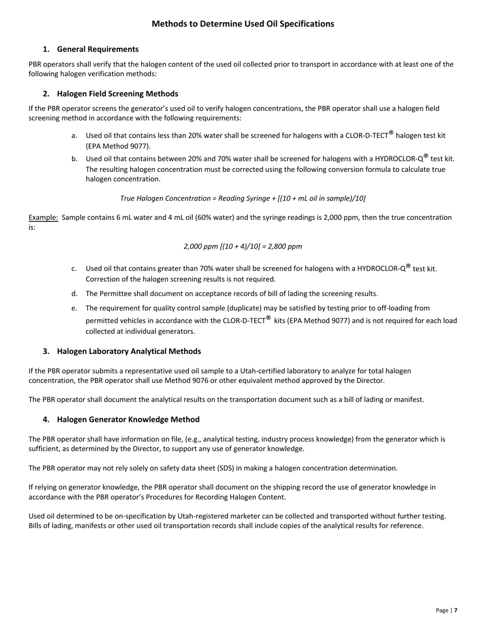 Used Oil Permit by Rule (Pbr) Transporter  Transfer Facility Notification - Utah, Page 7