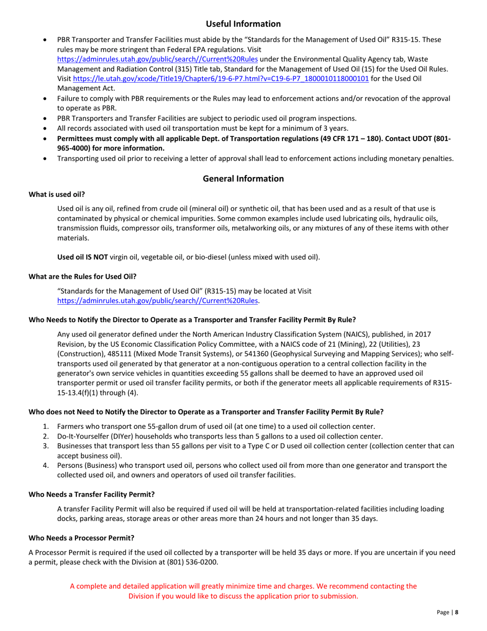 Used Oil Permit by Rule (Pbr) Transporter  Transfer Facility Notification - Utah, Page 8