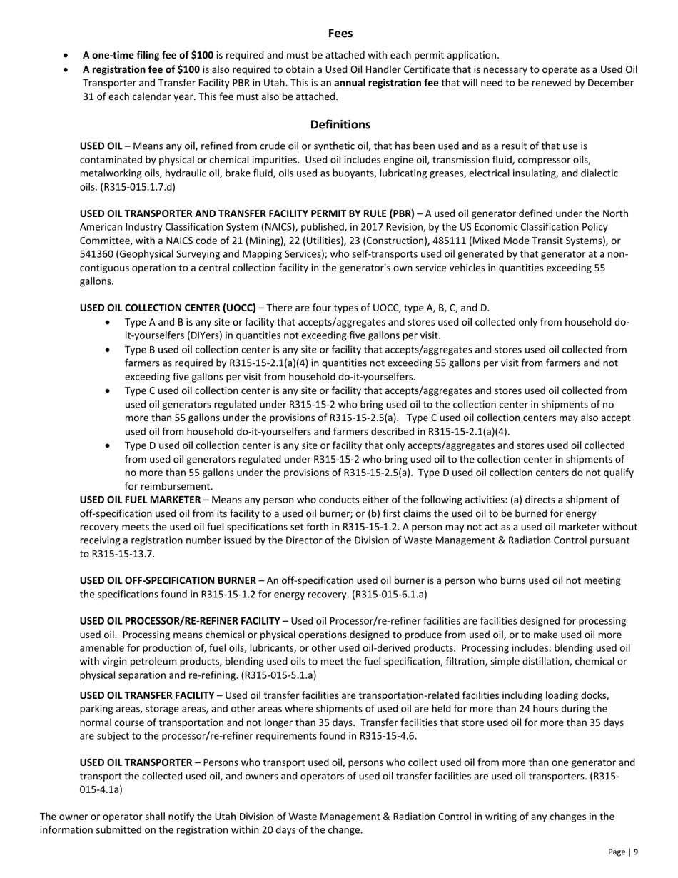 Used Oil Permit by Rule (Pbr) Transporter  Transfer Facility Notification - Utah, Page 9