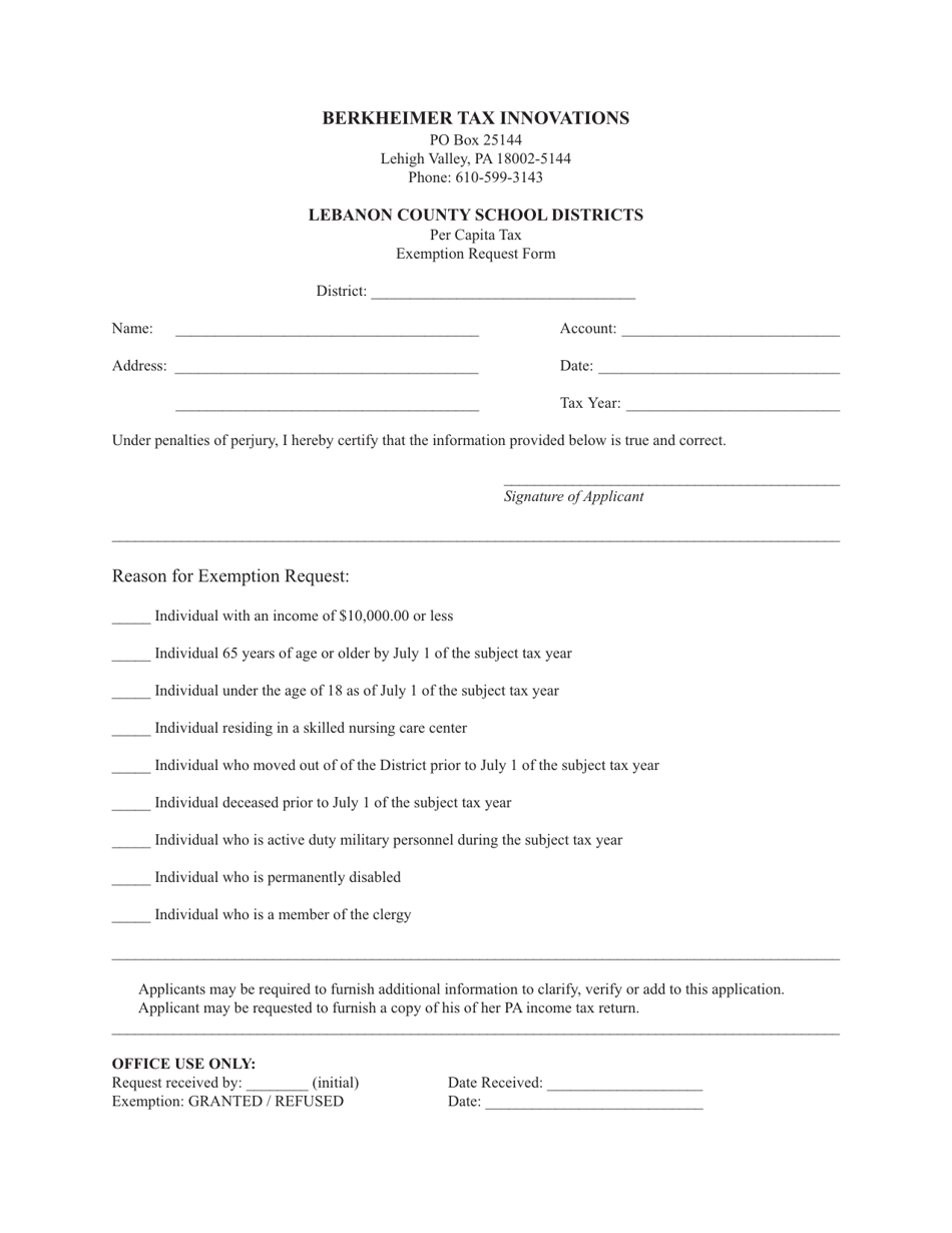 Per Capita Tax Exemption Request Form - Lebanon County School Districts - Pennsylvania, Page 1