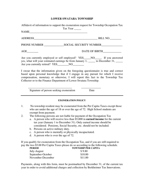 Affidavit of Information to Support the Exoneration Request for Township Occupation Tax - Lower Swatara Township, Pennsylvania Download Pdf