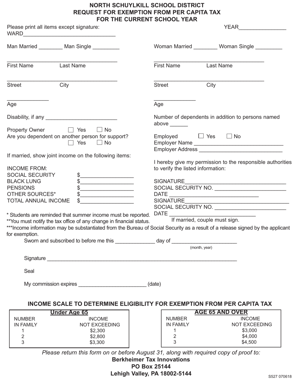 Form S527 Request for Exemption From Per Capita Tax - North Schuylkill School District - Pennsylvania, Page 1