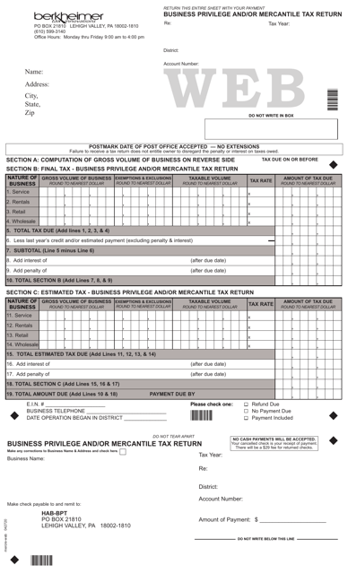 "Business Privilege and/or Mercantile Tax Return" - Pennsylvania Download Pdf