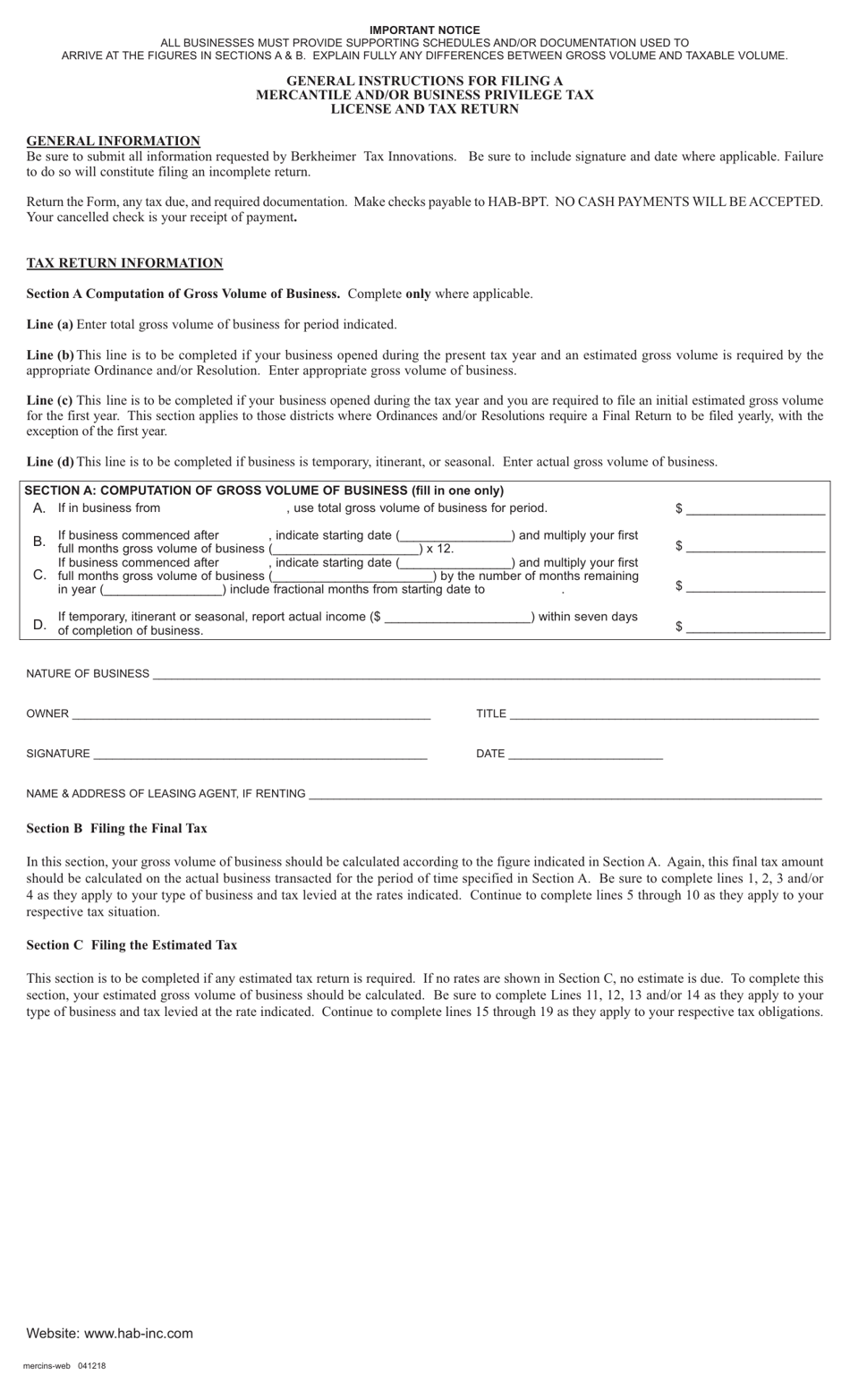 Business Privilege and / or Mercantile Tax Return - Pennsylvania, Page 2