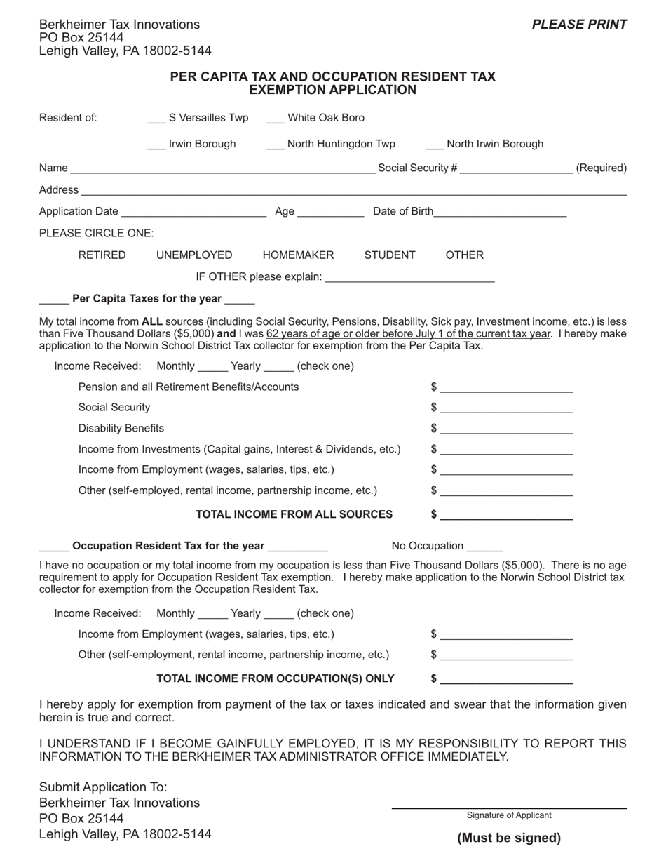Per Capita Tax and Occupation Resident Tax Exemption Application - Norwin School District - Pennsylvania, Page 1