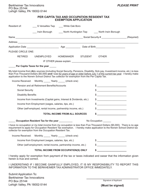 Per Capita Tax and Occupation Resident Tax Exemption Application - Norwin School District - Pennsylvania