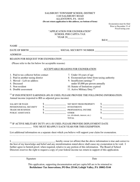 "Application for Exoneration School Per Capita Tax - Salisbury Township School District" - Pennsylvania Download Pdf