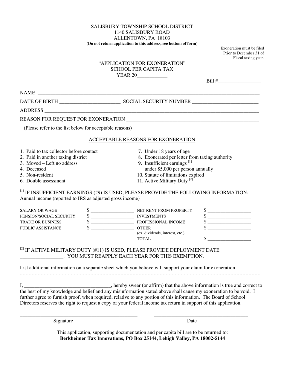 Application for Exoneration School Per Capita Tax - Salisbury Township School District - Pennsylvania, Page 1