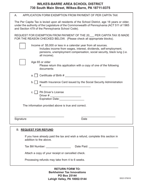 Form S523 Application Form Exemption From Payment of Per Capita Tax - Wilkes-Barre Area School District - Pennsylvania