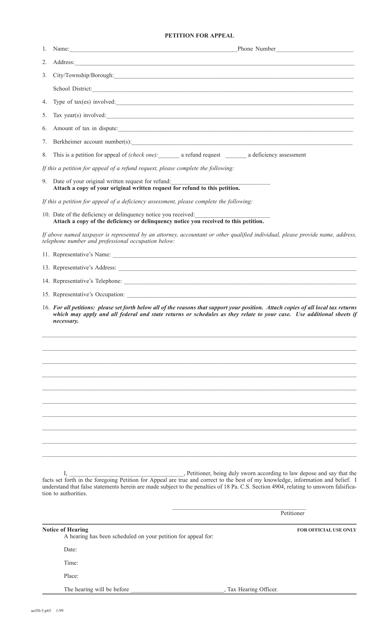 Act 50 Petition for Appeal - Pennsylvania Download Pdf