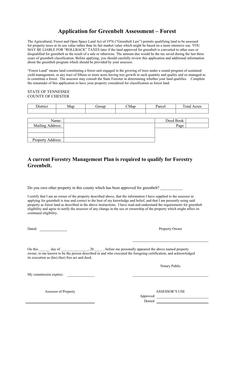 Application for Greenbelt Assessment - Chester County, Tennessee, Page 3