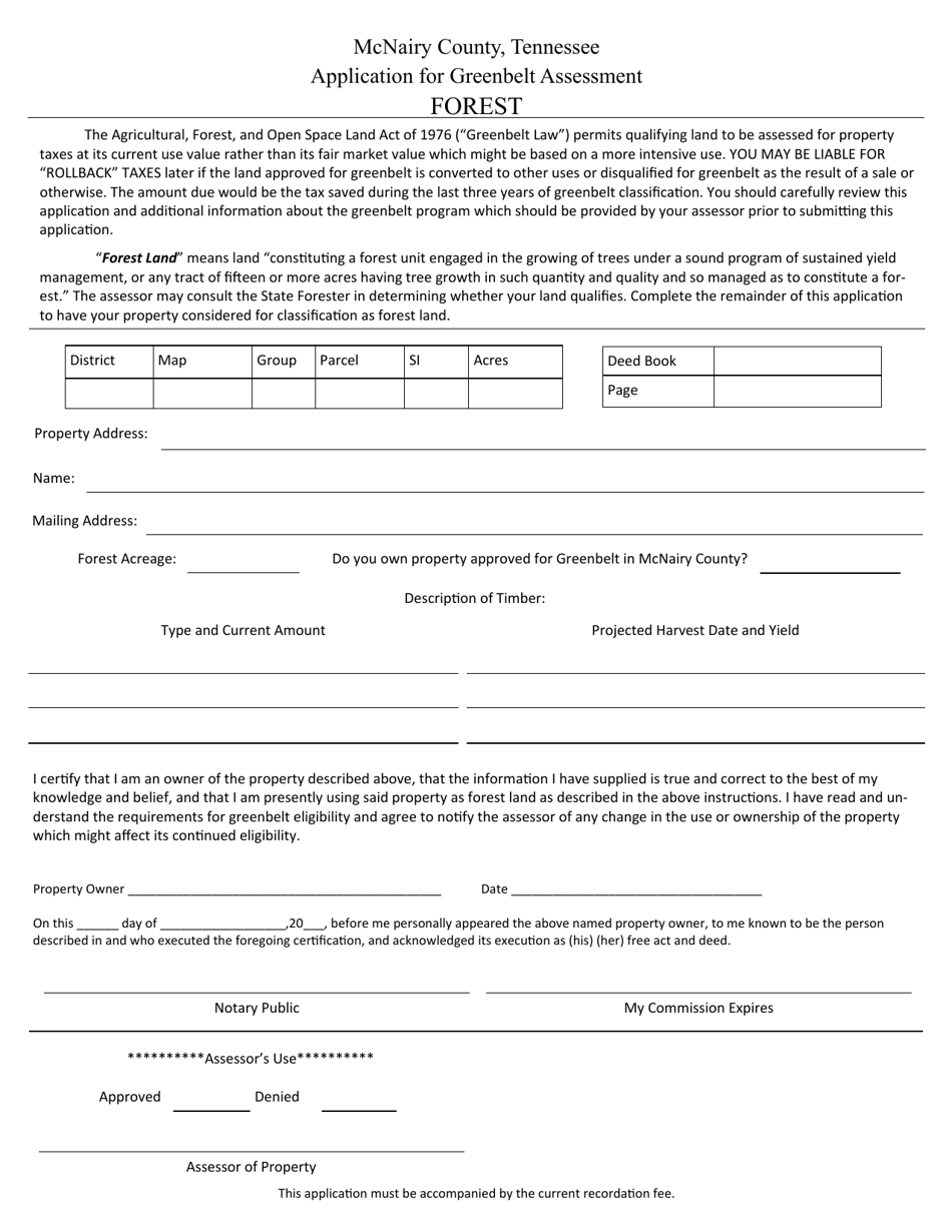 McNairy County, Tennessee Application for Greenbelt Assessment - Fill ...